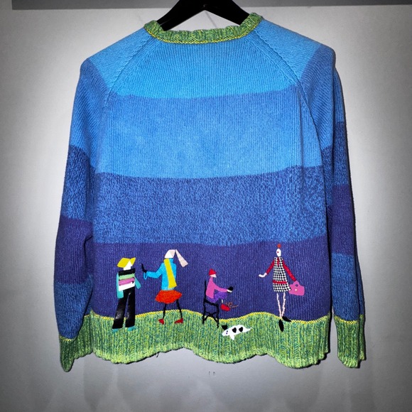 Susan Bristol Women's L Blue Striped Hand Embroidered Cardigan Sweater Vintage - Picture 8 of 14